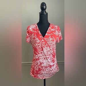 Talbots Red White V Neck Short Sleeve Top Blouse Size M